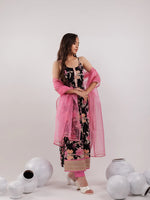 Thumbnail for Yufta Black Floral Print Cotton Fit And Flare Kurta Trouser & Dupatta Set