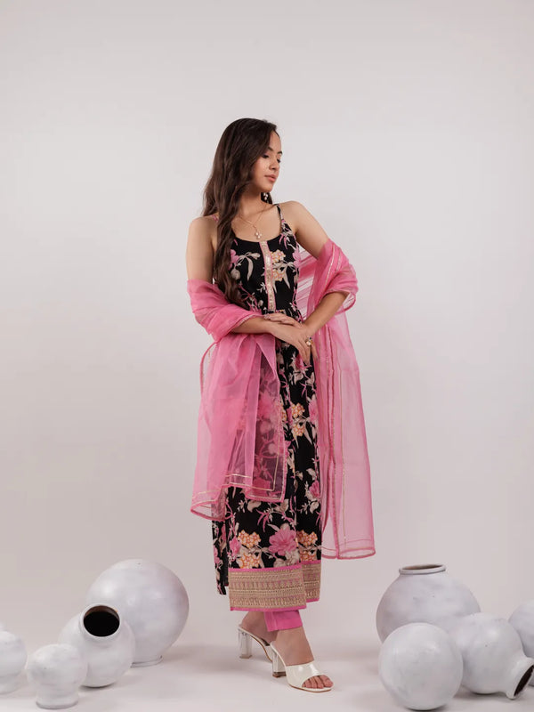 Yufta Black Floral Print Cotton Fit And Flare Kurta Trouser & Dupatta Set