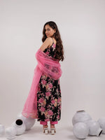 Thumbnail for Yufta Black Floral Print Cotton Fit And Flare Kurta Trouser & Dupatta Set