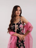 Thumbnail for Yufta Black Floral Print Cotton Fit And Flare Kurta Trouser & Dupatta Set