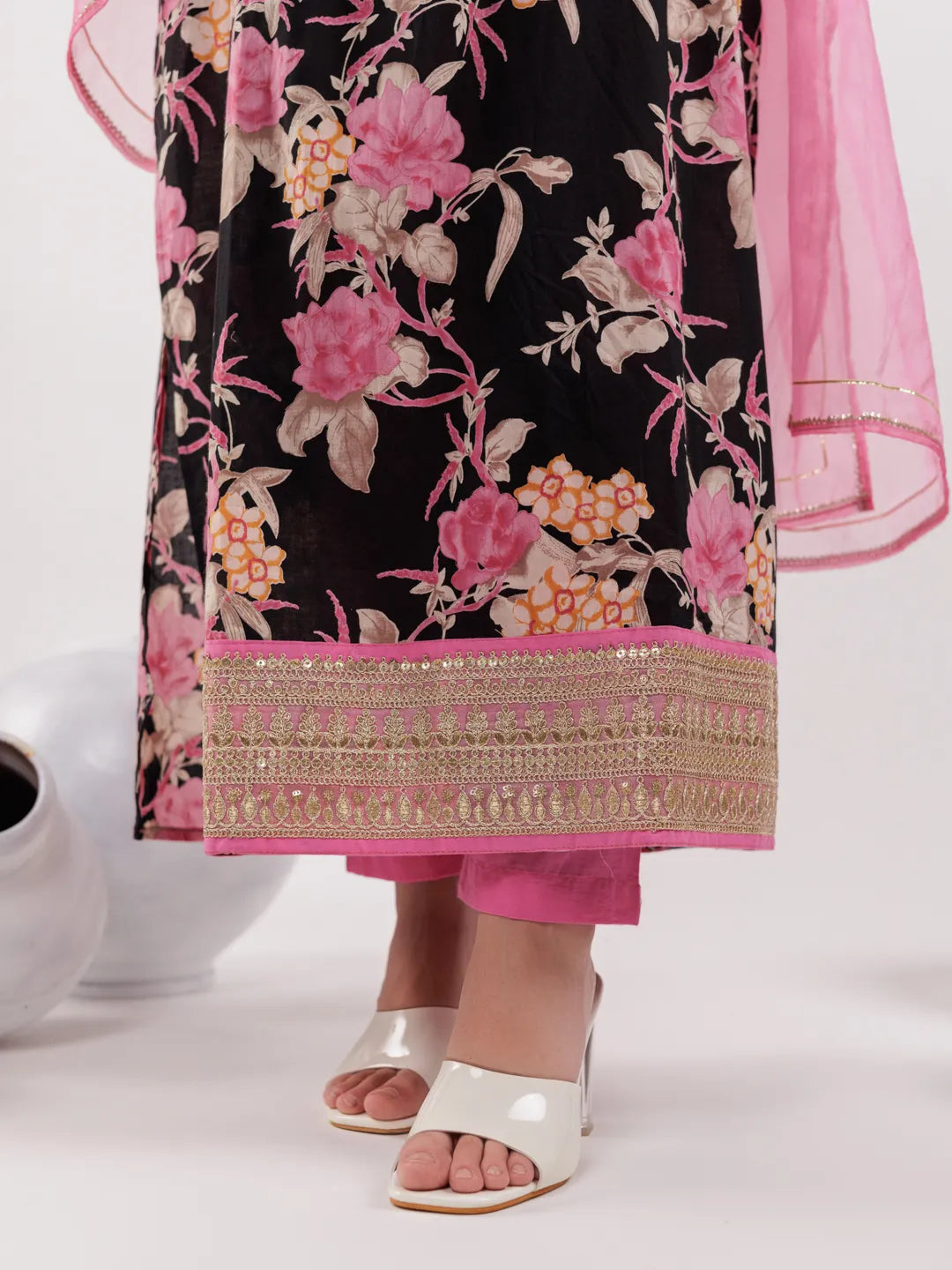 Yufta Black Floral Print Cotton Fit And Flare Kurta Trouser & Dupatta Set
