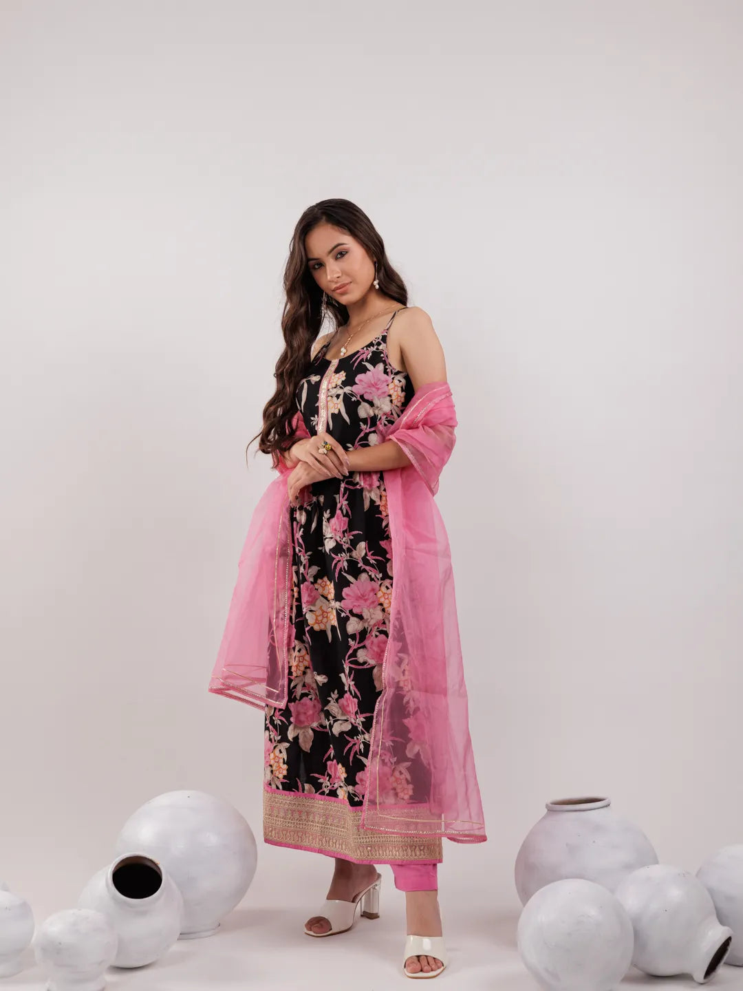 Yufta Black Floral Print Cotton Fit And Flare Kurta Trouser & Dupatta Set