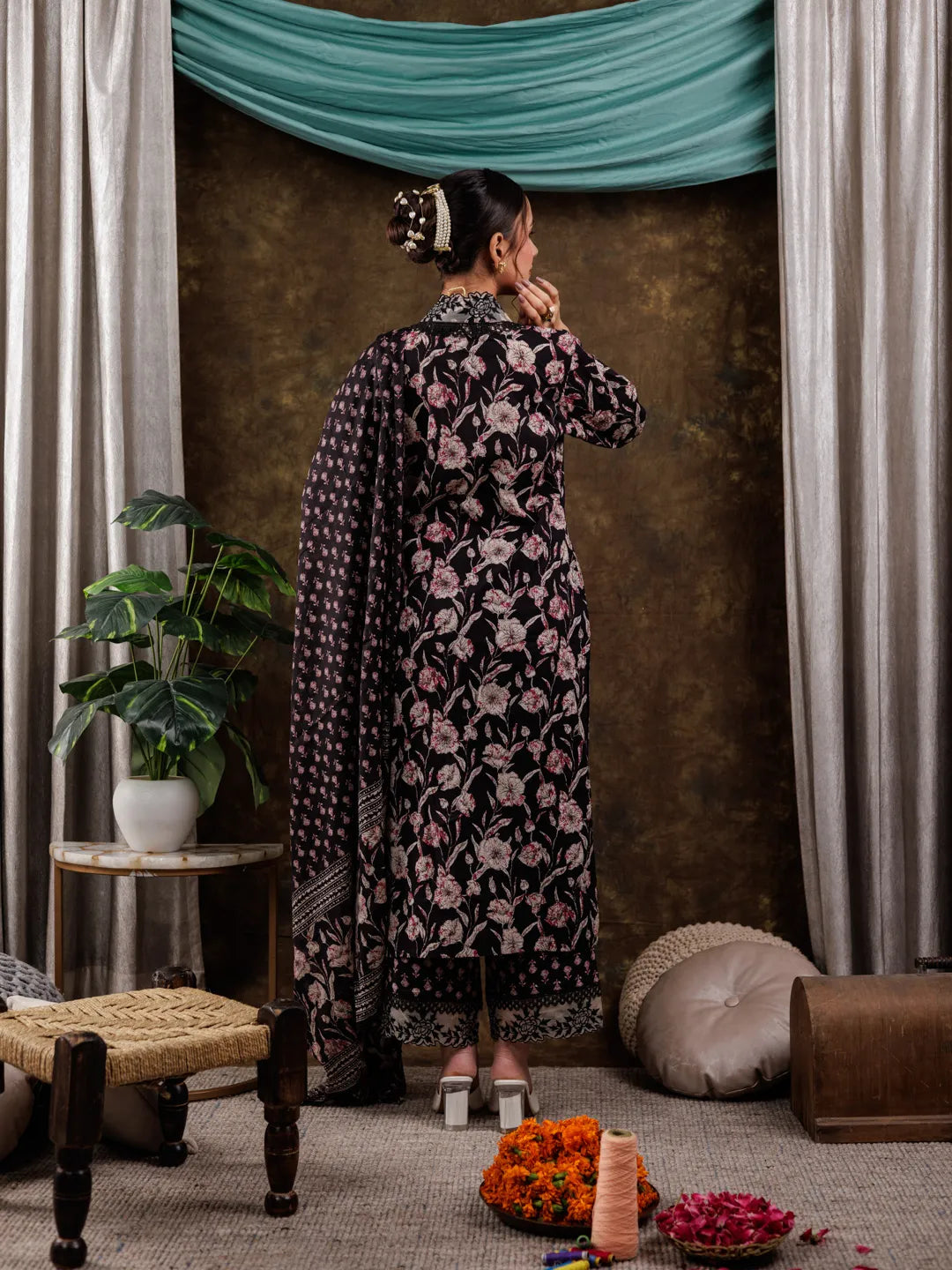 Yufta Black Floral Print Pure Cotton Beads Straight Kurta Dupatta Set With Lace Detailing - Distacart