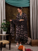 Thumbnail for Yufta Black Floral Print Pure Cotton Beads Straight Kurta Dupatta Set With Lace Detailing - Distacart