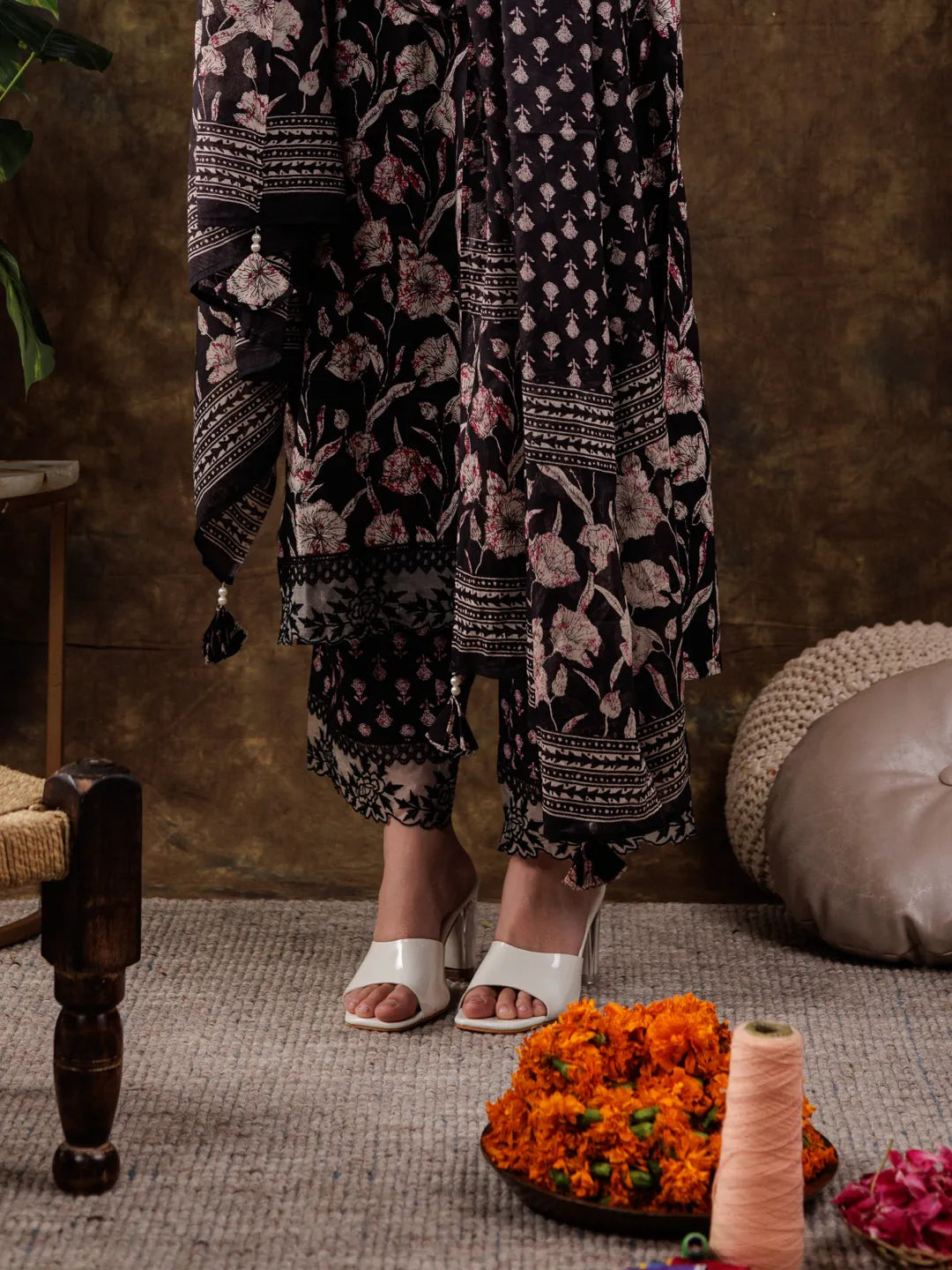 Yufta Black Floral Print Pure Cotton Beads Straight Kurta Dupatta Set With Lace Detailing - Distacart