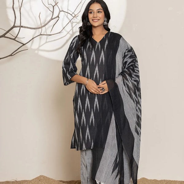 Yufta Black Ikat Print Cotton Straight Kurta Dupatta Set - Distacart