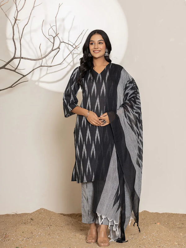 Yufta Black Ikat Print Cotton Straight Kurta Dupatta Set