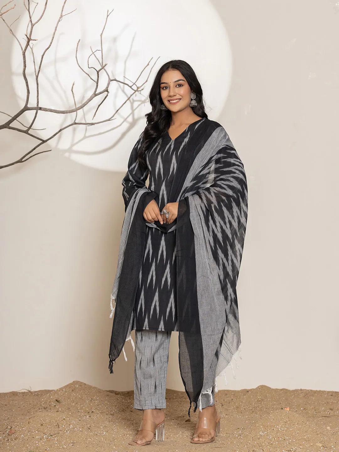 Yufta Black Ikat Print Cotton Straight Kurta Dupatta Set - Distacart