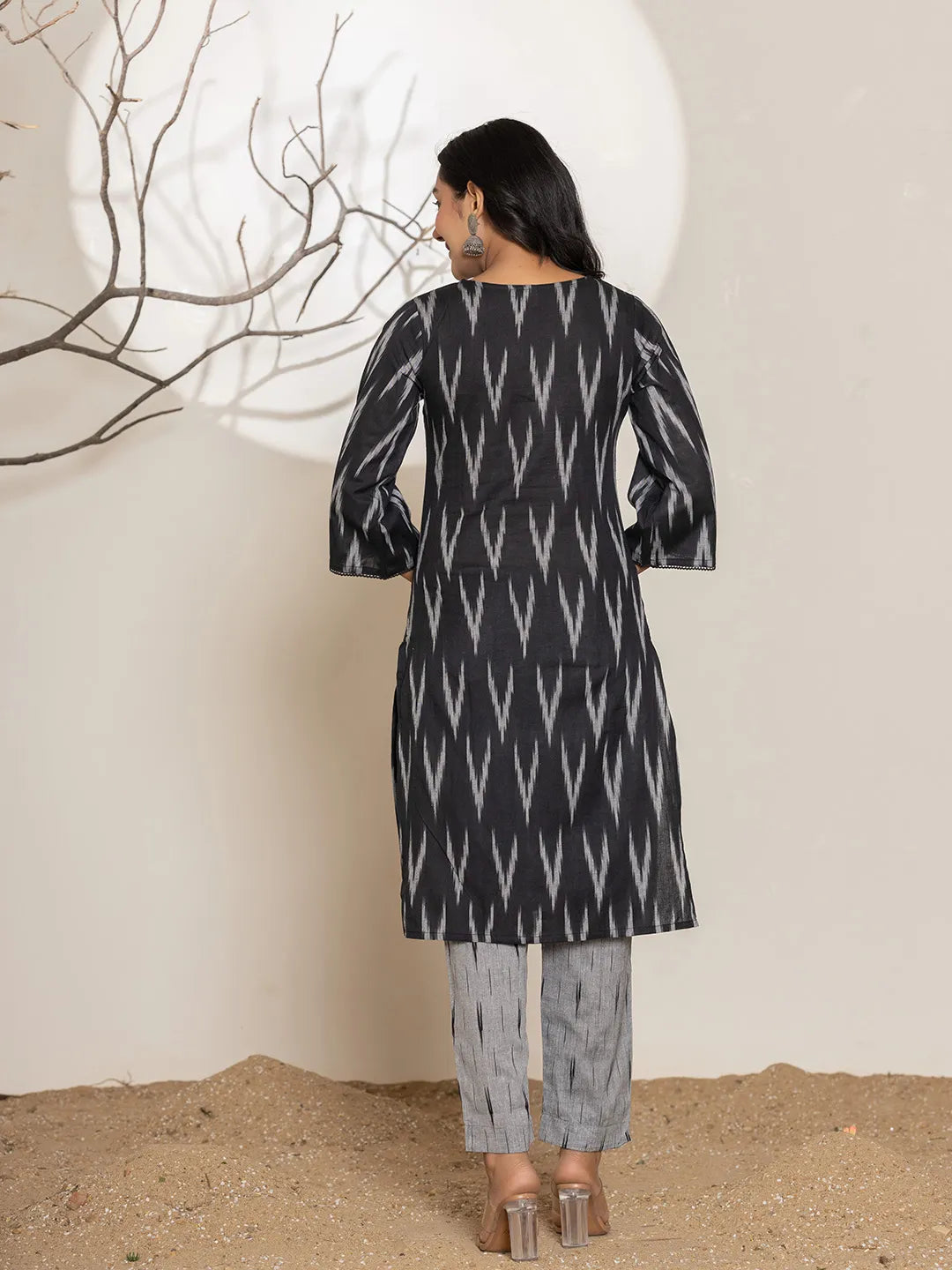 Yufta Black Ikat Print Cotton Straight Kurta Dupatta Set