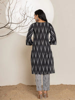 Thumbnail for Yufta Black Ikat Print Cotton Straight Kurta Dupatta Set