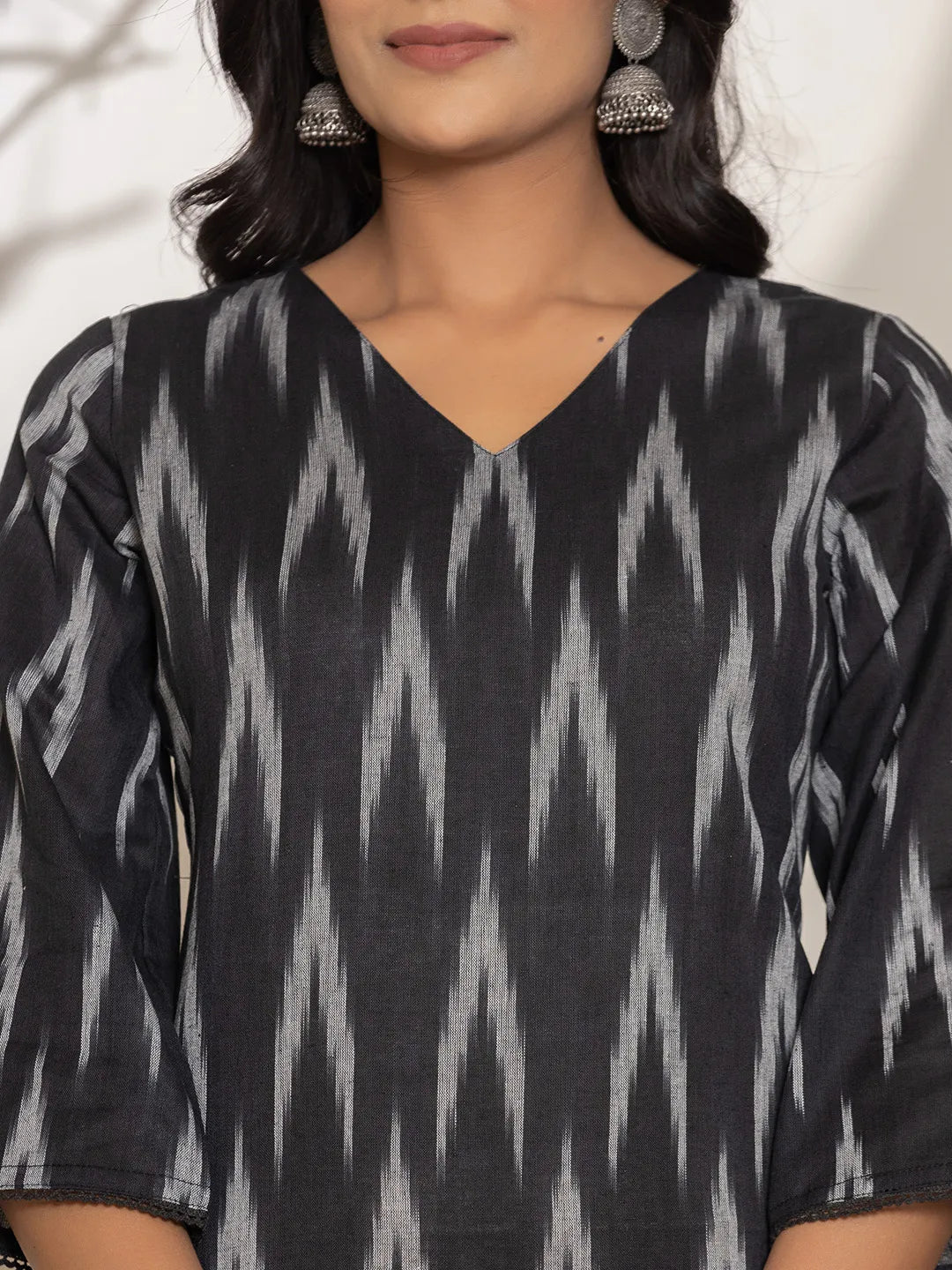 Yufta Black Ikat Print Cotton Straight Kurta Dupatta Set