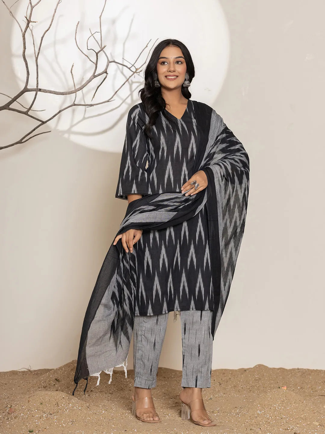Yufta Black Ikat Print Cotton Straight Kurta Dupatta Set