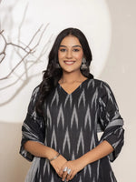 Thumbnail for Yufta Black Ikat Print Cotton Straight Kurta Dupatta Set