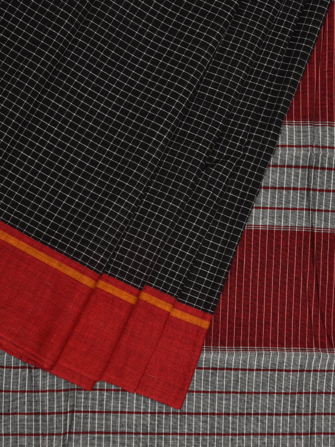 Black ilkal Cotton Handloom Saree with Checks and Ganga-Jamuna Border Design No Blouse - Global Threads - Distacart
