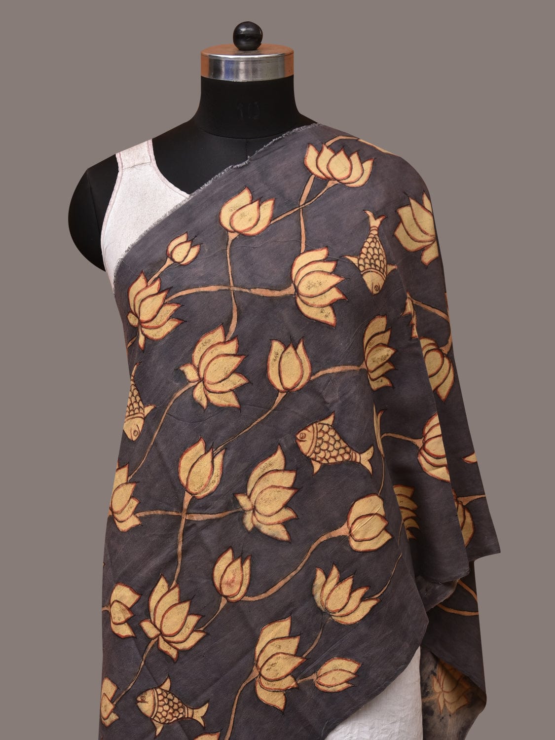 Black Kalamkari Hand Painted Sico Dupatta with Lotus and Fish Design - Global Threads - Distacart