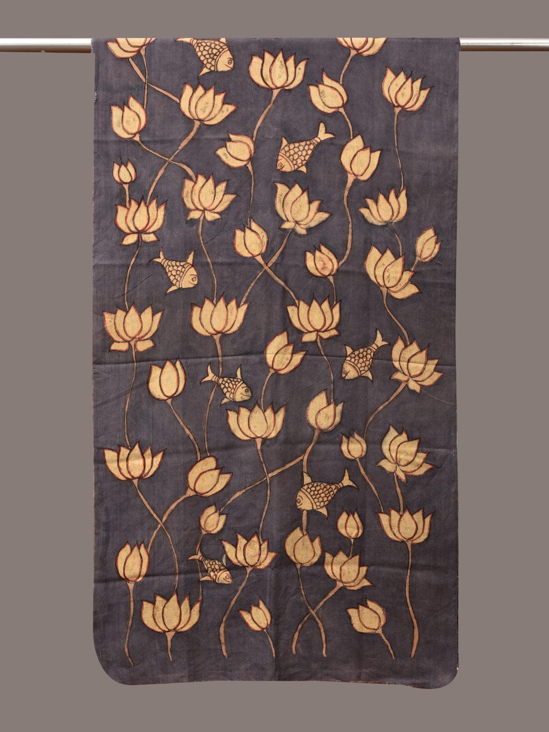 Black Kalamkari Hand Painted Sico Dupatta with Lotus and Fish Design - Global Threads - Distacart