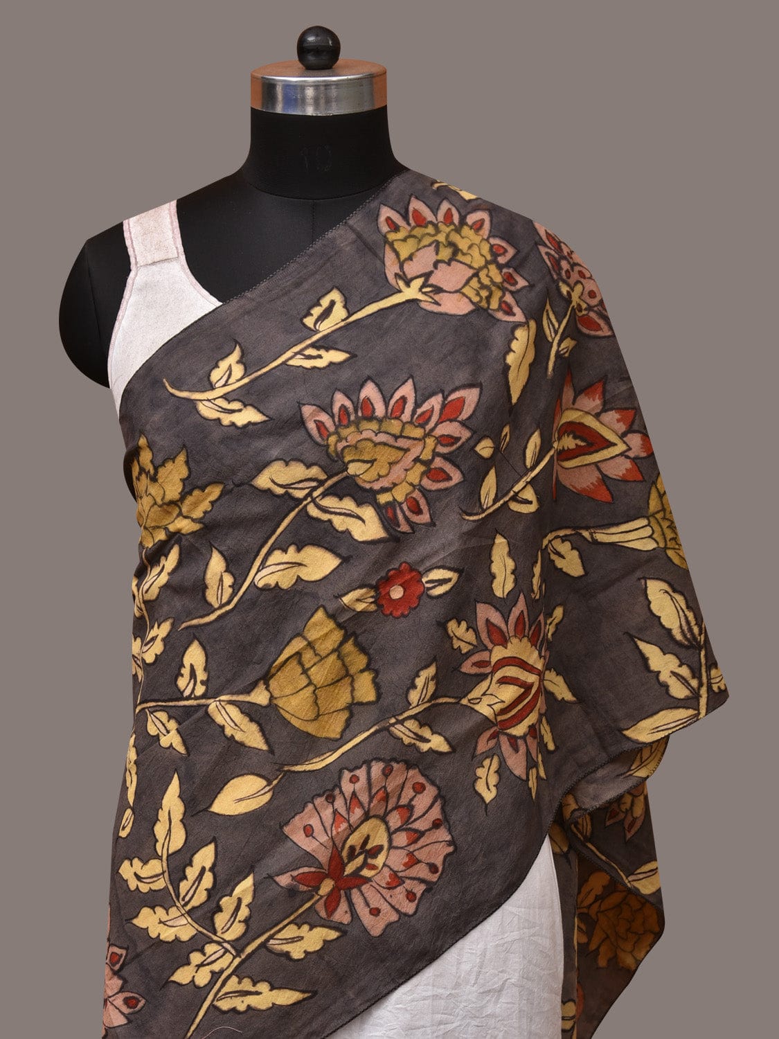 Black Kalamkari Hand Painted Sico Stole with Floral Design - Global Threads - Distacart