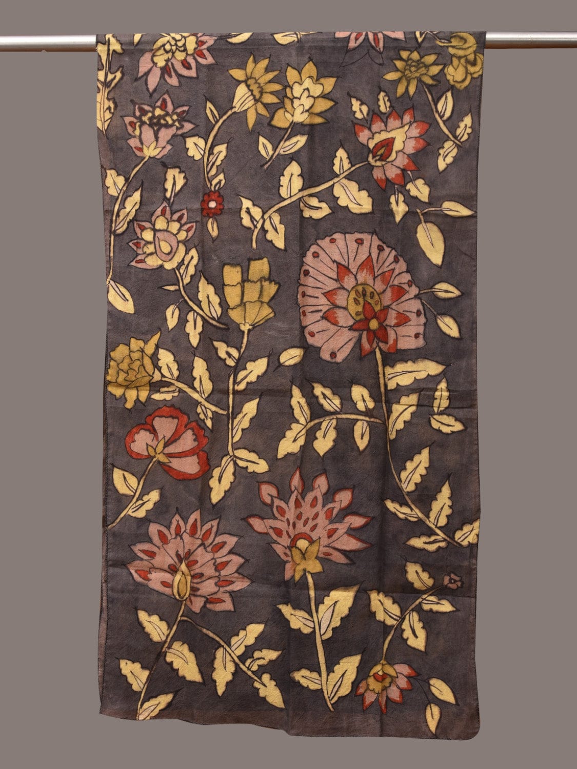 Black Kalamkari Hand Painted Sico Stole with Floral Design - Global Threads - Distacart