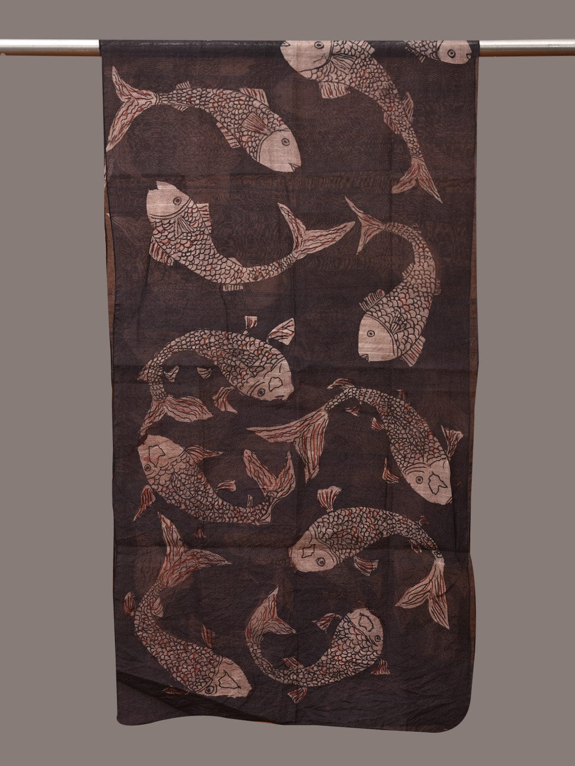 Black Kalamkari Hand Painted Tussar Cotton Handloom Stole with Fishes Design - Global Threads - Distacart