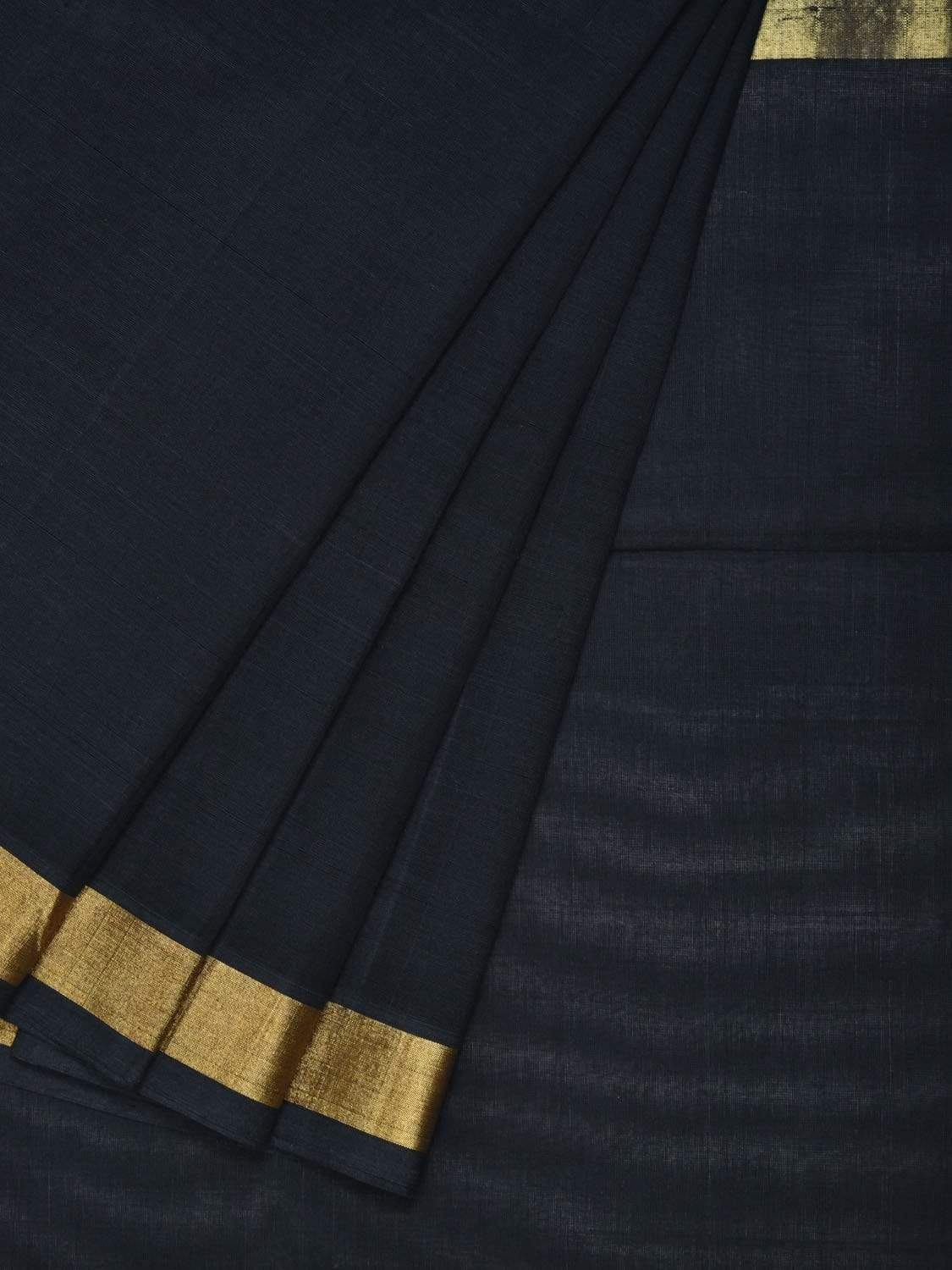 Black Khadi Cotton Handloom Plain Saree with Zari Border - Global Threads - Distacart