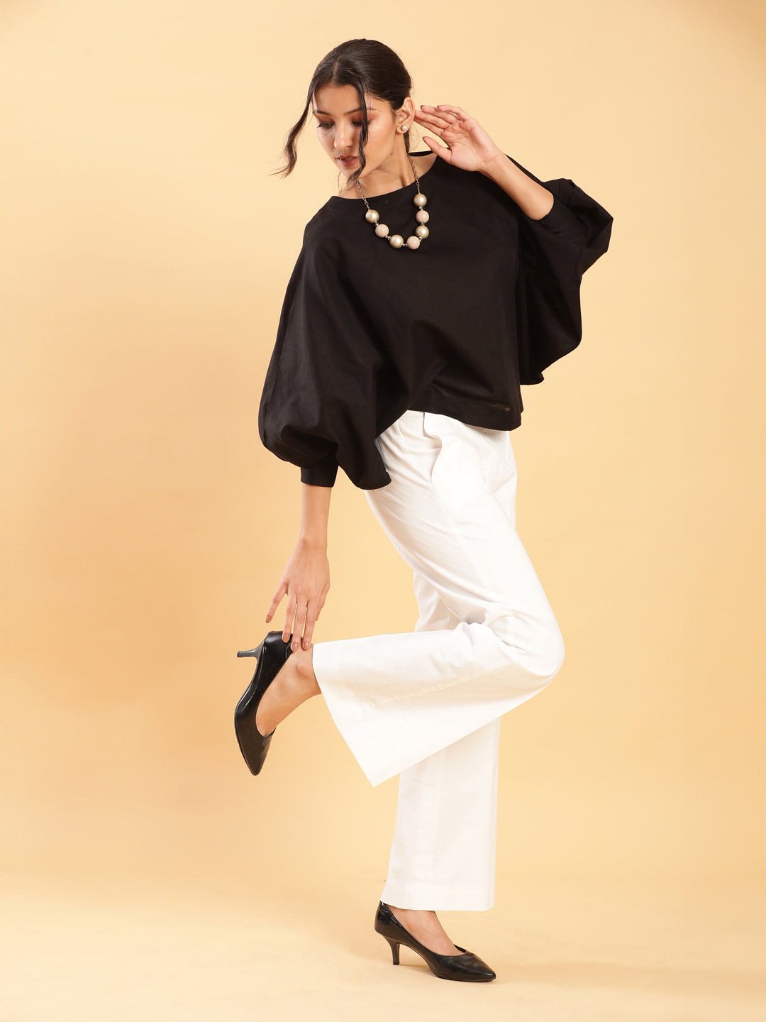 BohoJazz Can Never Go Wrong - Black Kimono Top with White Bell Bottom Co-ord Set
