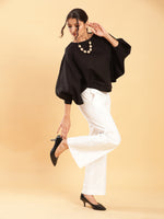 Thumbnail for BohoJazz Can Never Go Wrong - Black Kimono Top with White Bell Bottom Co-ord Set