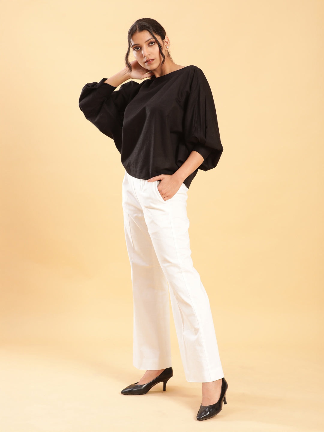 BohoJazz Can Never Go Wrong - Black Kimono Top with White Bell Bottom Co-ord Set