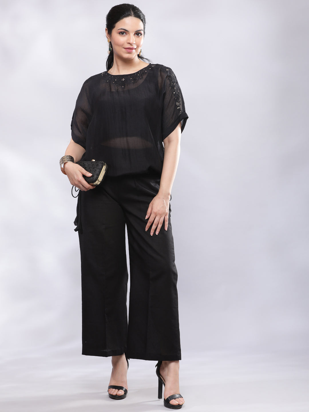 BohoJazz Black Linen Cropped Trousers with Flare