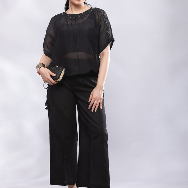 BohoJazz Black Linen Cropped Trousers with Flare