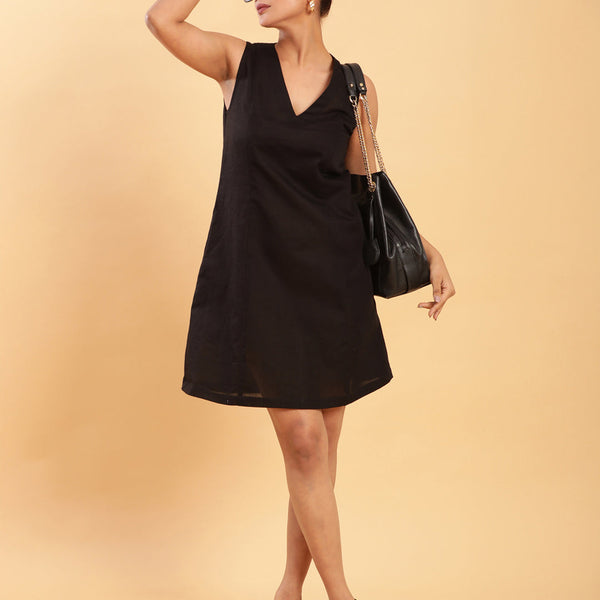 BohoJazz Black Linen Short Dress - LBD