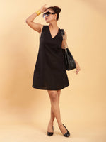 Thumbnail for BohoJazz Black Linen Short Dress - LBD