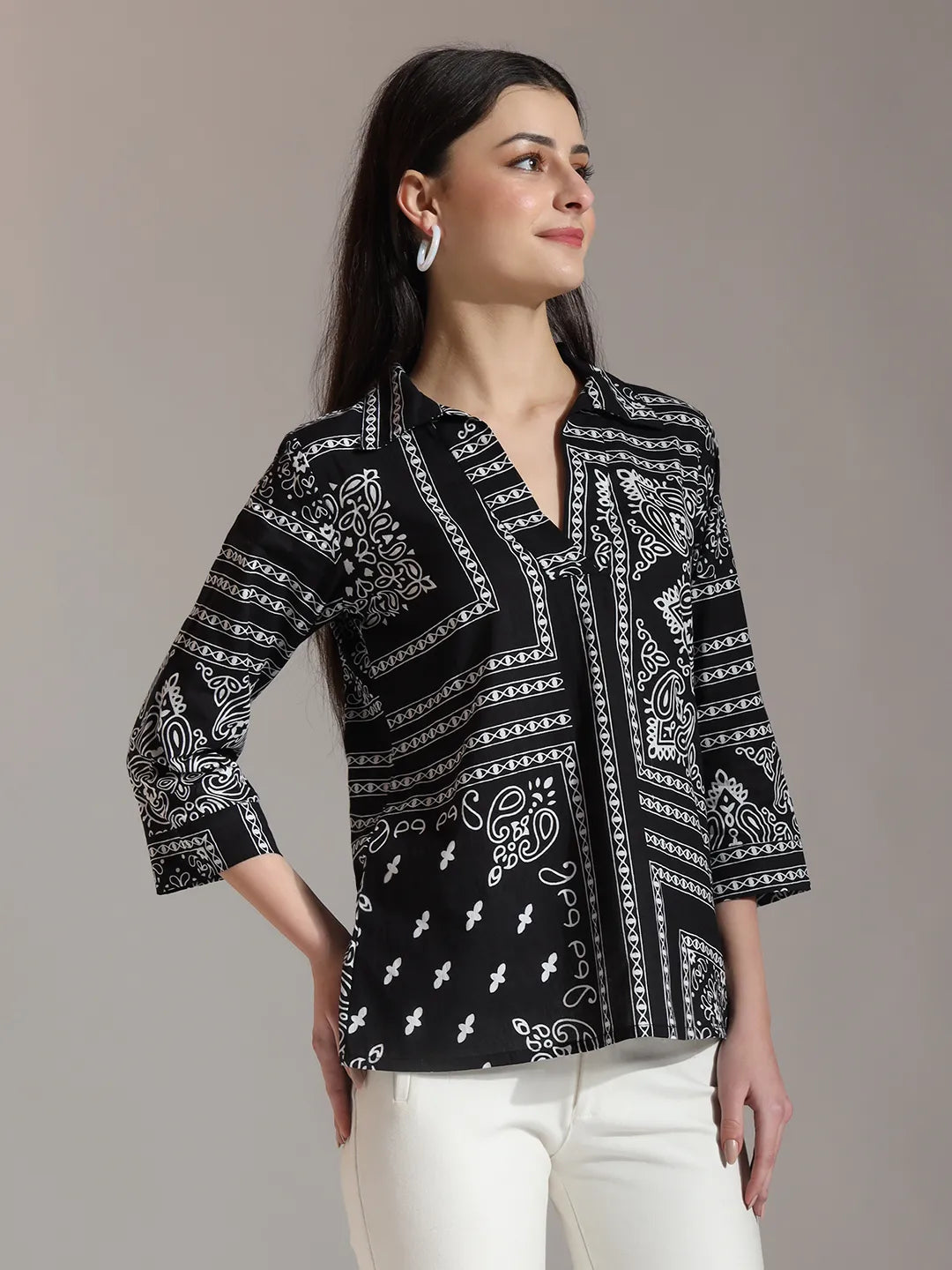 Yufta Black Pure Cotton Boho Printed Top - Distacart