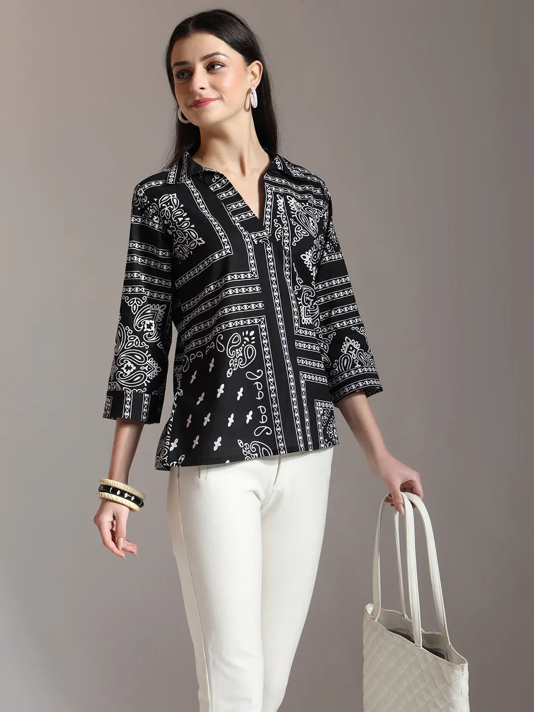 Yufta Black Pure Cotton Boho Printed Top