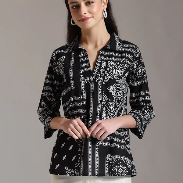 Yufta Black Pure Cotton Boho Printed Top - Distacart