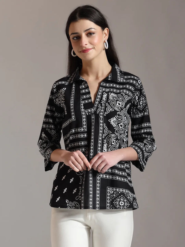 Yufta Black Pure Cotton Boho Printed Top
