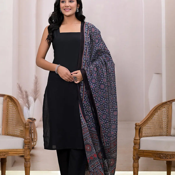 Yufta Black Pure Cotton Straight Suit Set - Distacart