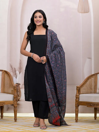Yufta Black Pure Cotton Straight Suit Set - Distacart