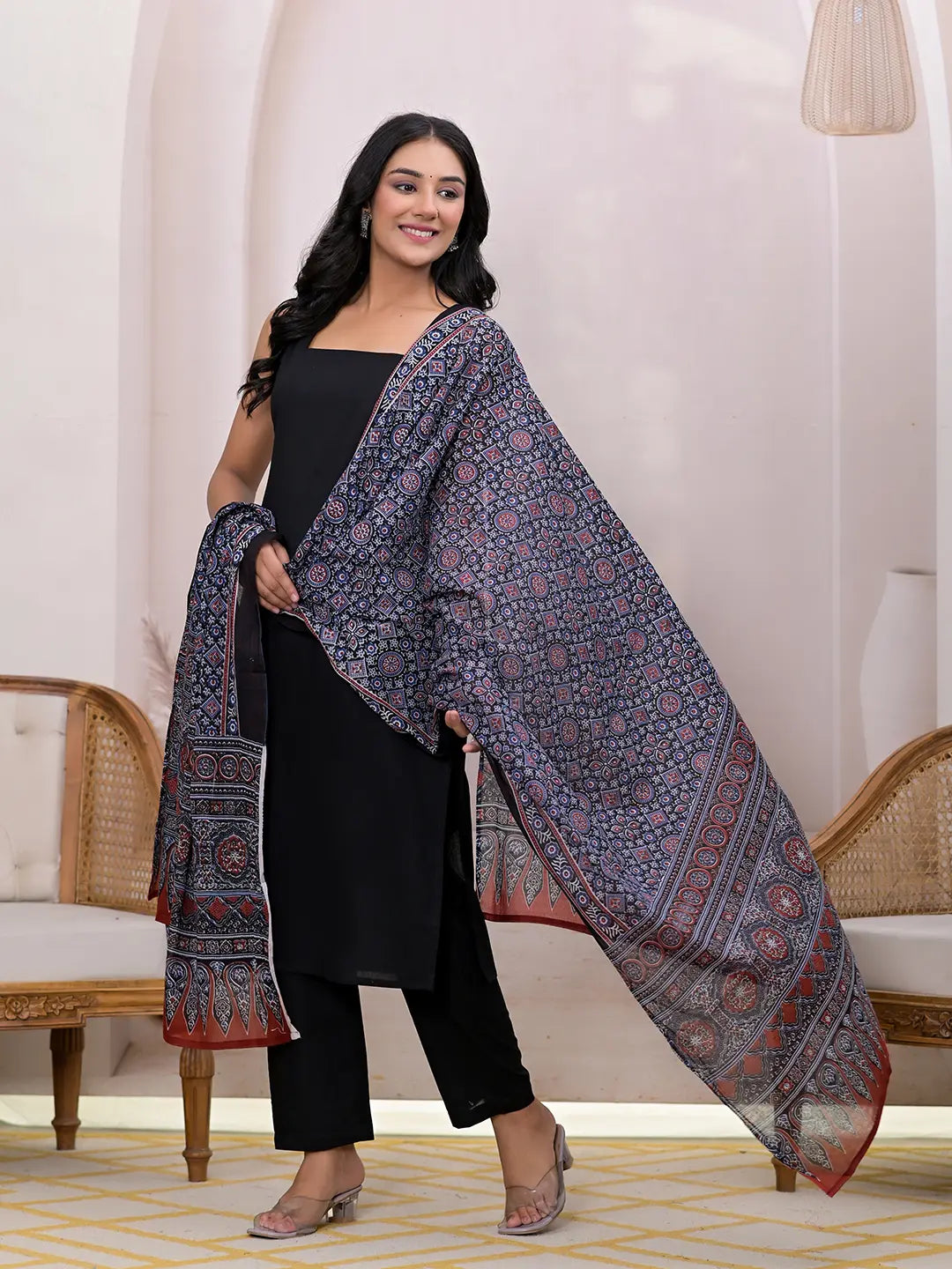 Yufta Black Pure Cotton Straight Suit Set - Distacart