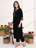 Thumbnail for Yufta Black Straight Embroidery Kurta And Trouser With Dupatta Set