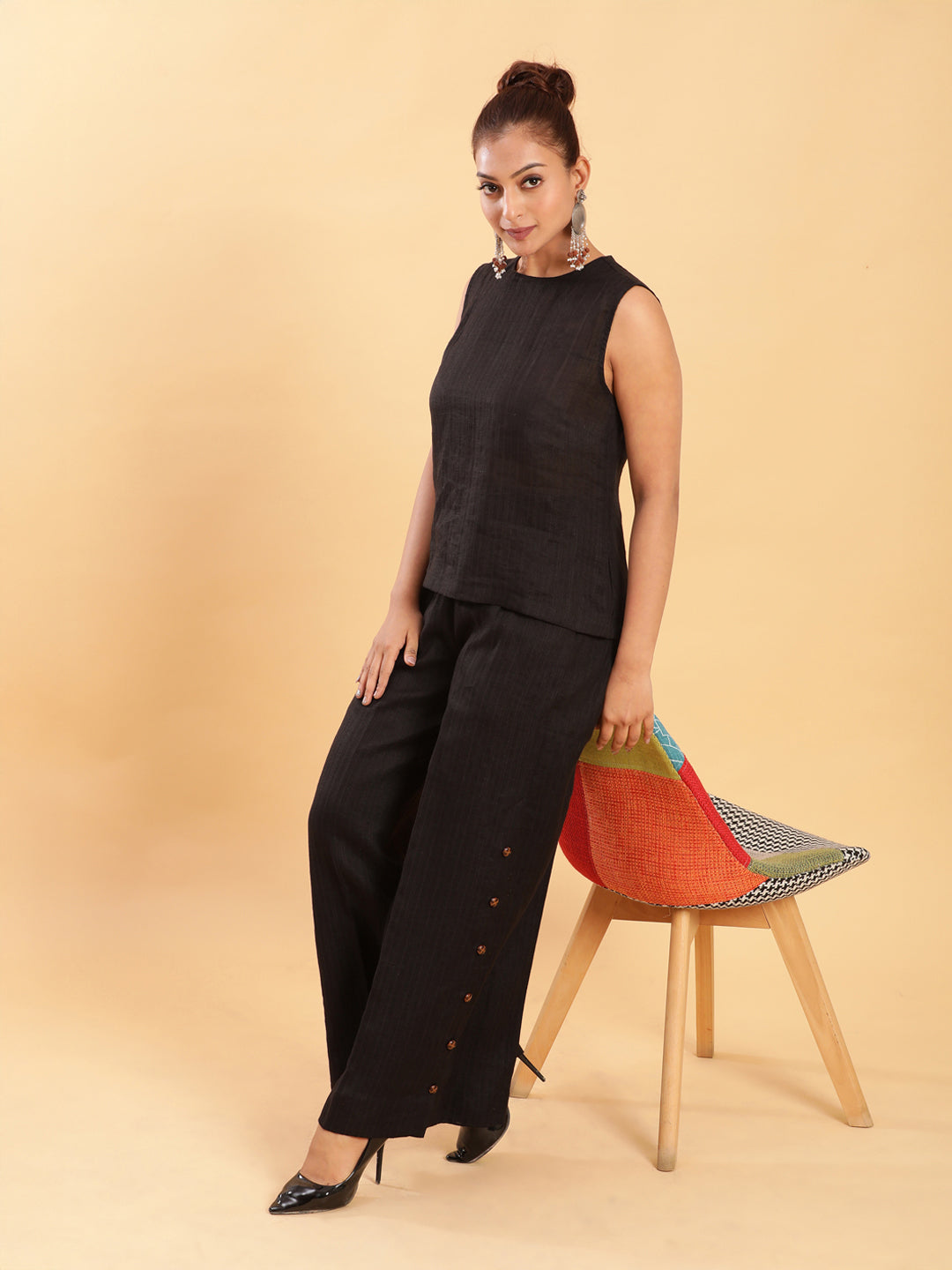 BohoJazz Black self stripe Top with Flared Pants with Side Slits Co-ord Set