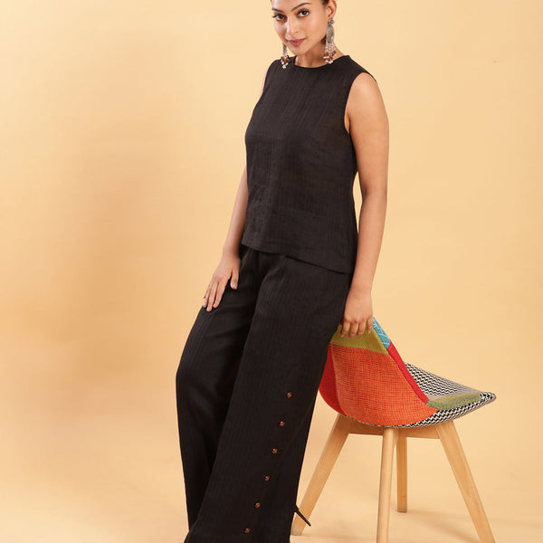 BohoJazz Black self stripe Top with Flared Pants with Side Slits Co-ord Set