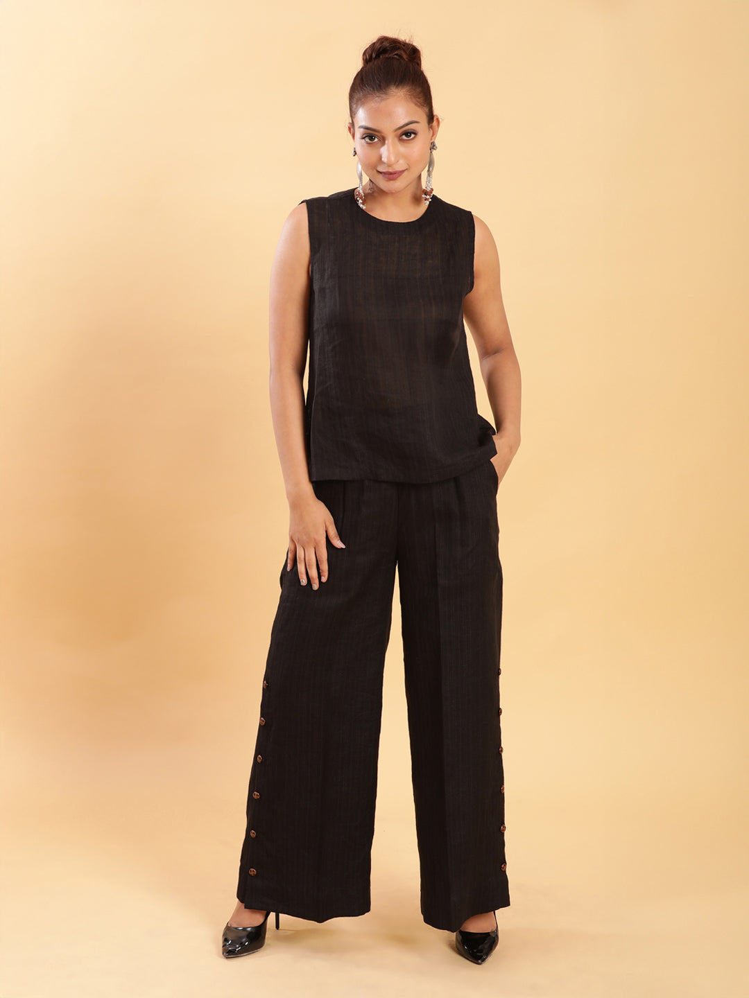 BohoJazz Black self stripe Top with Flared Pants with Side Slits Co-ord Set