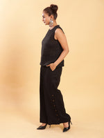 Thumbnail for BohoJazz Black self stripe Top with Flared Pants with Side Slits Co-ord Set
