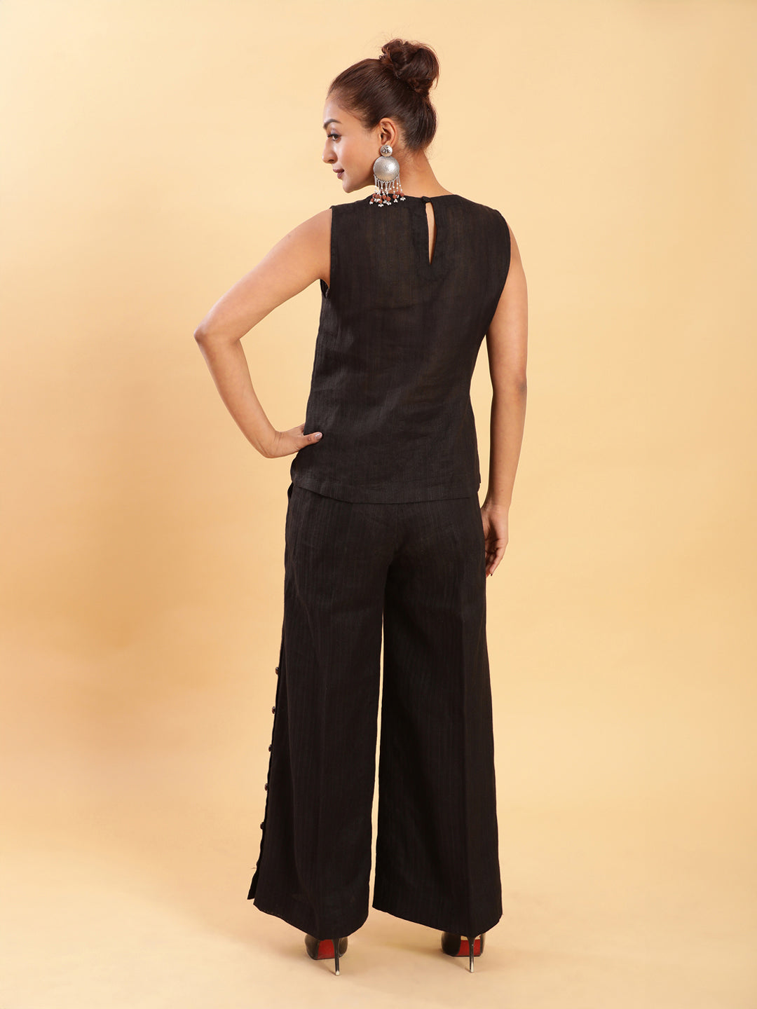 BohoJazz Black self stripe Top with Flared Pants with Side Slits Co-ord Set