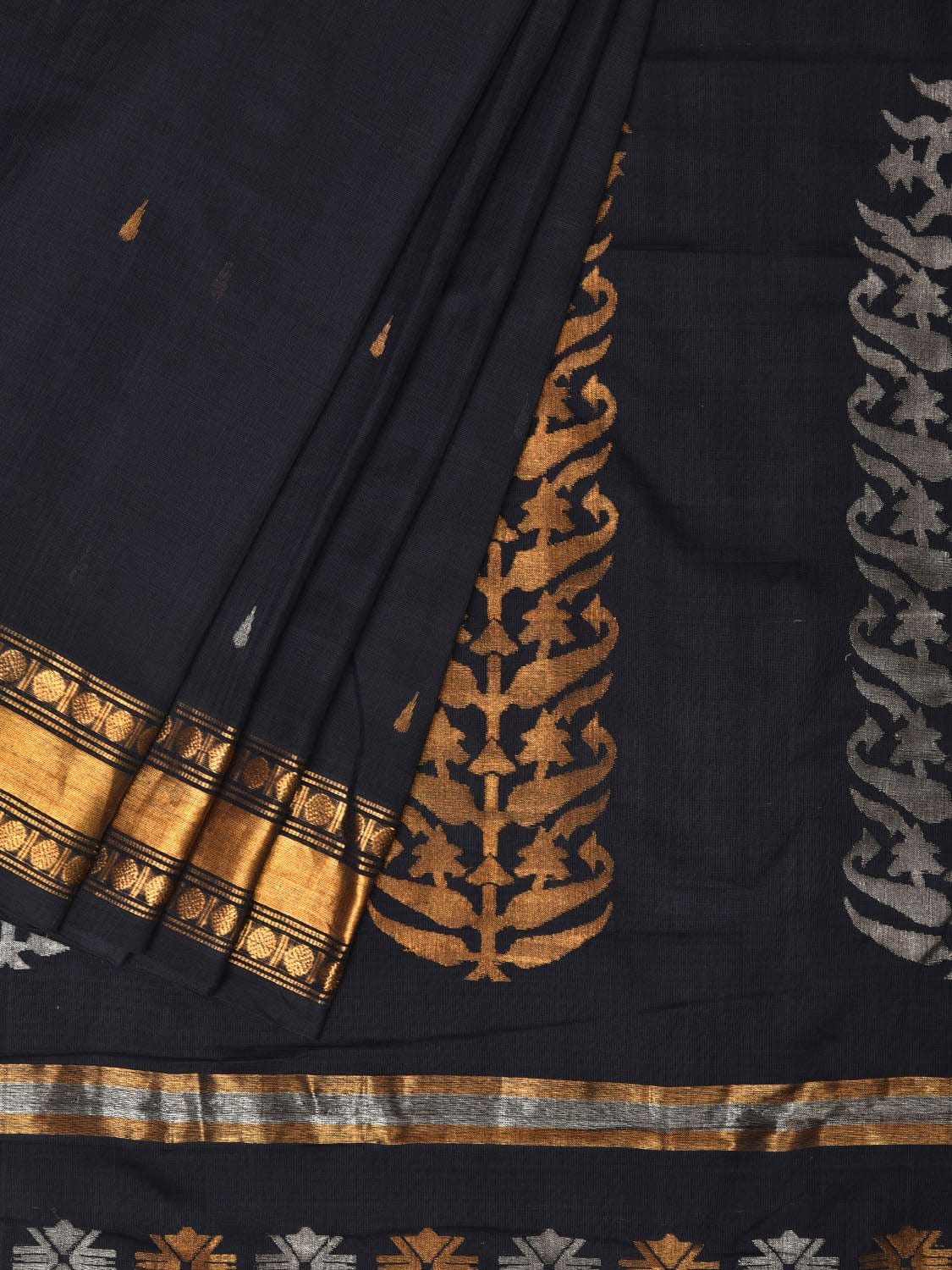 Black Uppada Cotton Handloom Saree with Karpur Pallu Design - Global Threads - Distacart