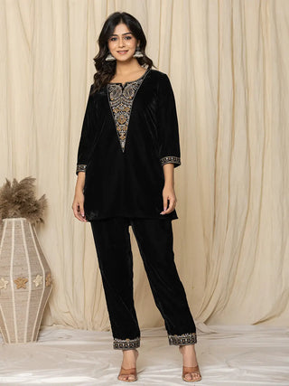 Yufta Black Velvet Embroidered Co-Ord Set
