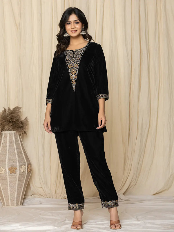 Yufta Black Velvet Embroidered Co-Ord Set