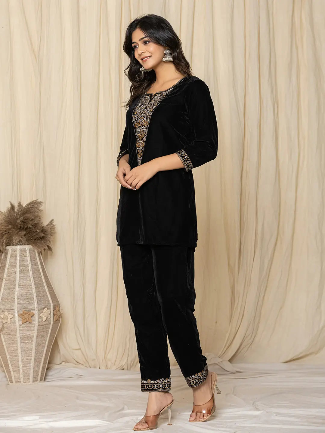 Yufta Black Velvet Embroidered Co-Ord Set - Distacart