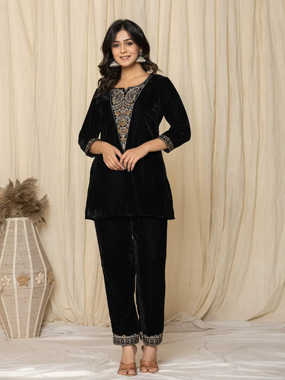 Yufta Black Velvet Embroidered Co-Ord Set - Distacart