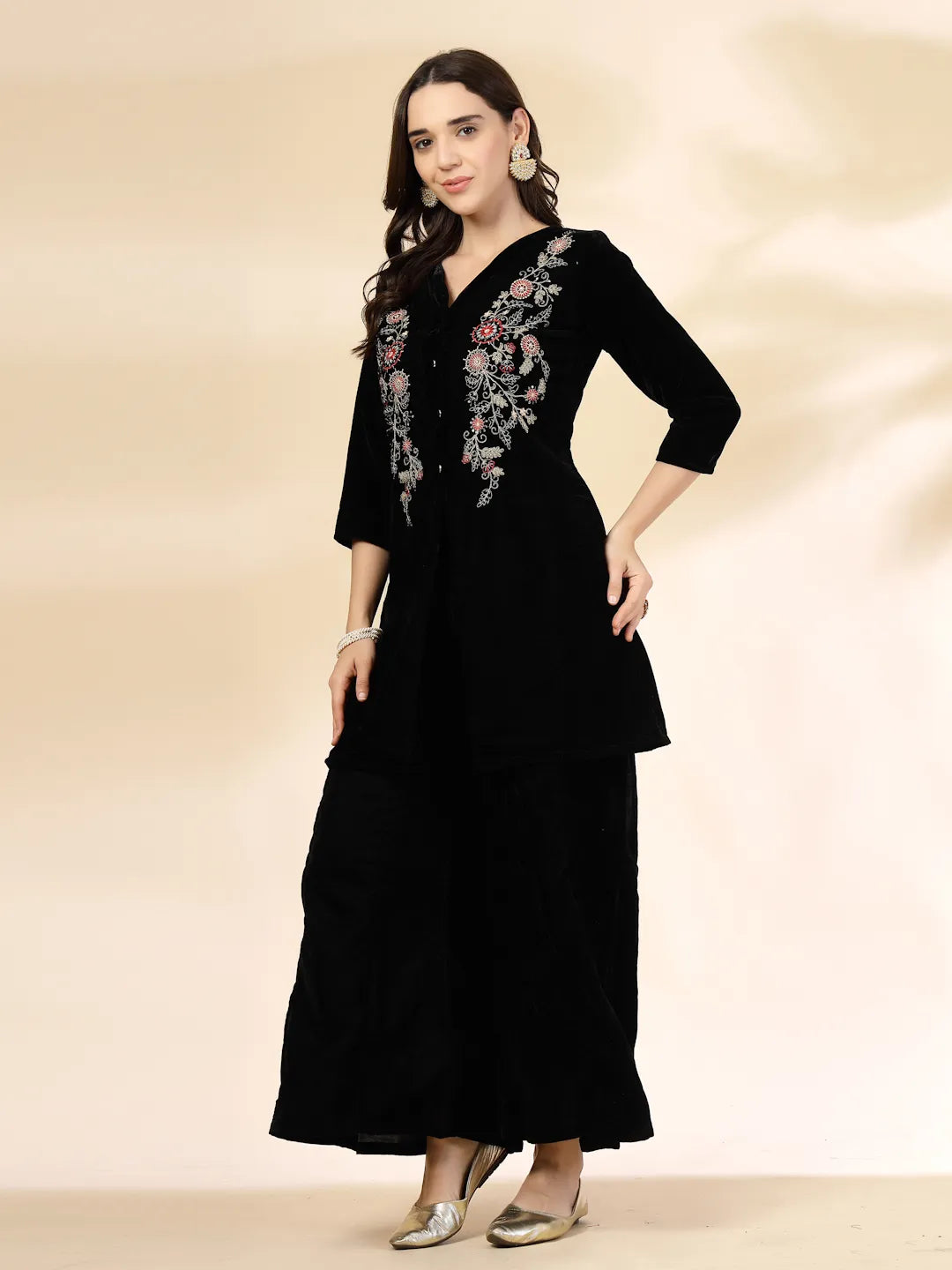 Yufta Black Velvet Zari Work CoOrd Set - Distacart